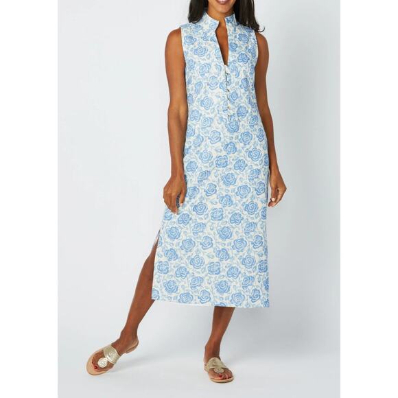 Sail To Sable Linen Blend Midi Dress Rose Floral Blue Resort Cottage XXS NWT - Picture 6 of 16